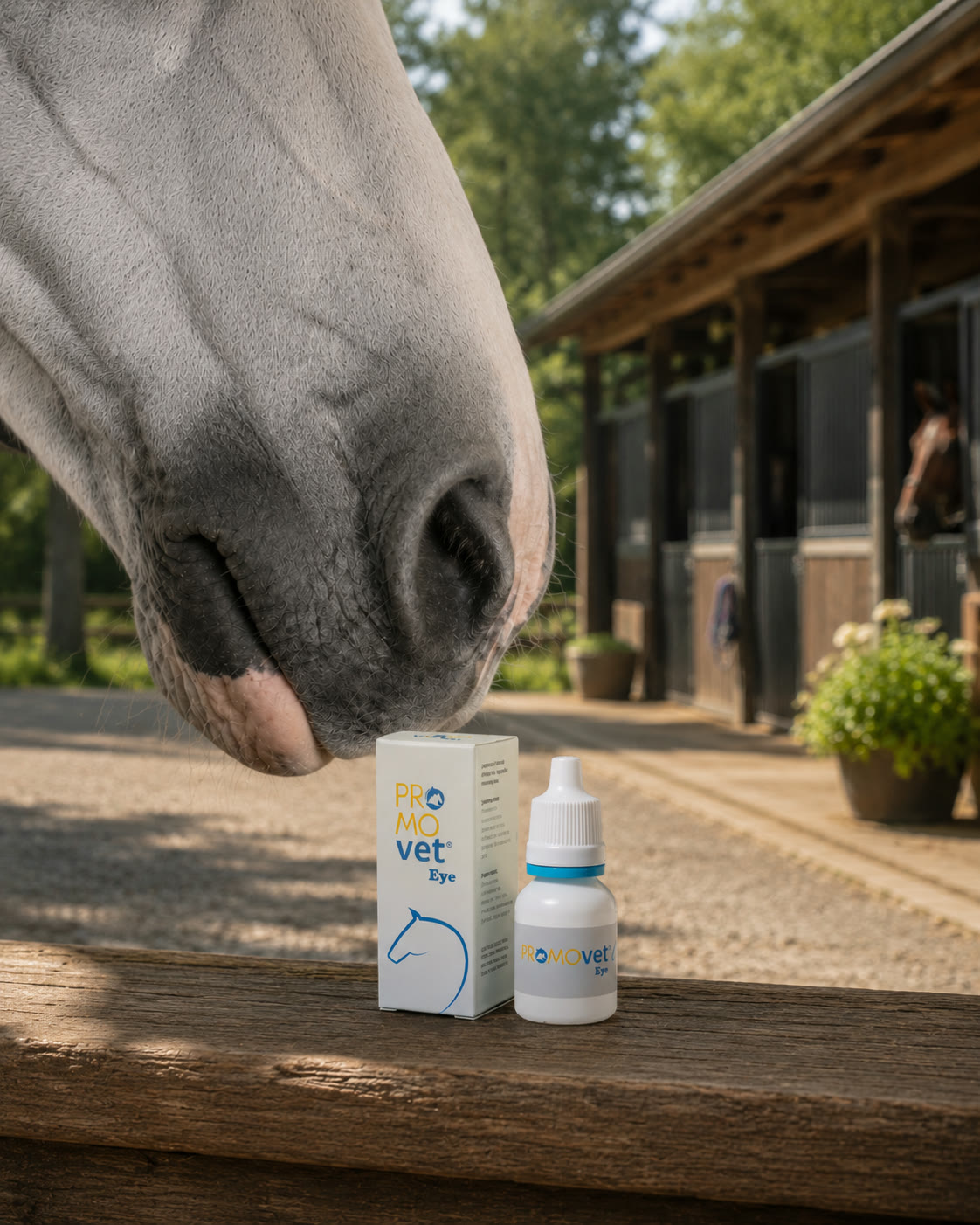 Muso di un cavallo grigio accanto alla confezione e al flacone di PROMOVET EYE